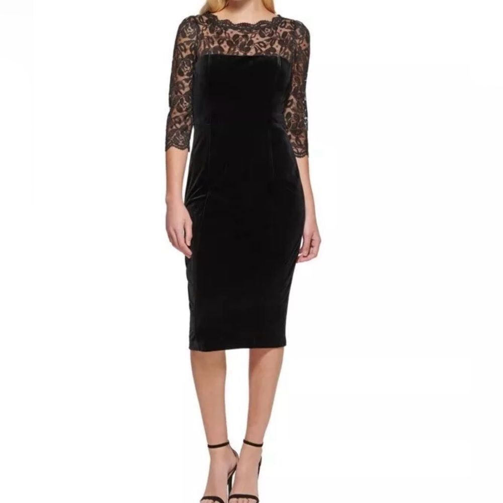 Eliza J lace & velvet sheath black midi dress 3/4 sleeves fully lined‎ sz 8 - Picture 6 of 16